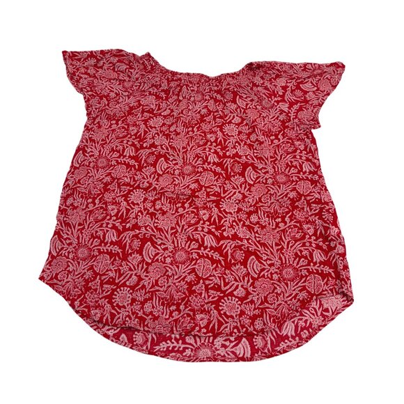 Liz Claiborne Red Floral Print Rayon Blouse size Medium Ruffled Cap Sleeves - Picture 1 of 4